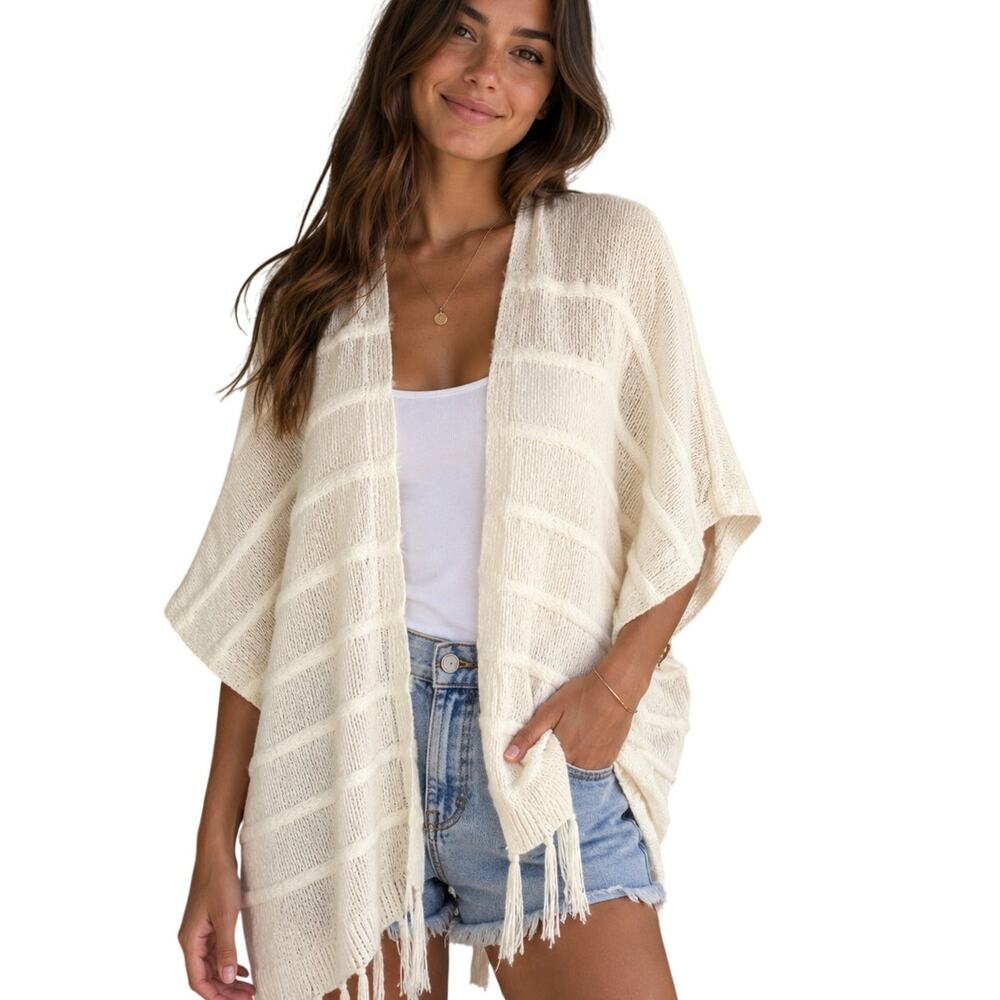 Akemi + Kin Open Cardigan Womens One Size Fringed Chenille Knit Poncho Anthro
